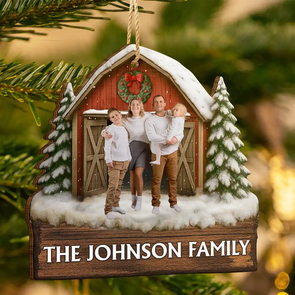 Custom Photo Family Gathering Red Barn - Personalized Custom Shaped Wooden Ornament - Image 4