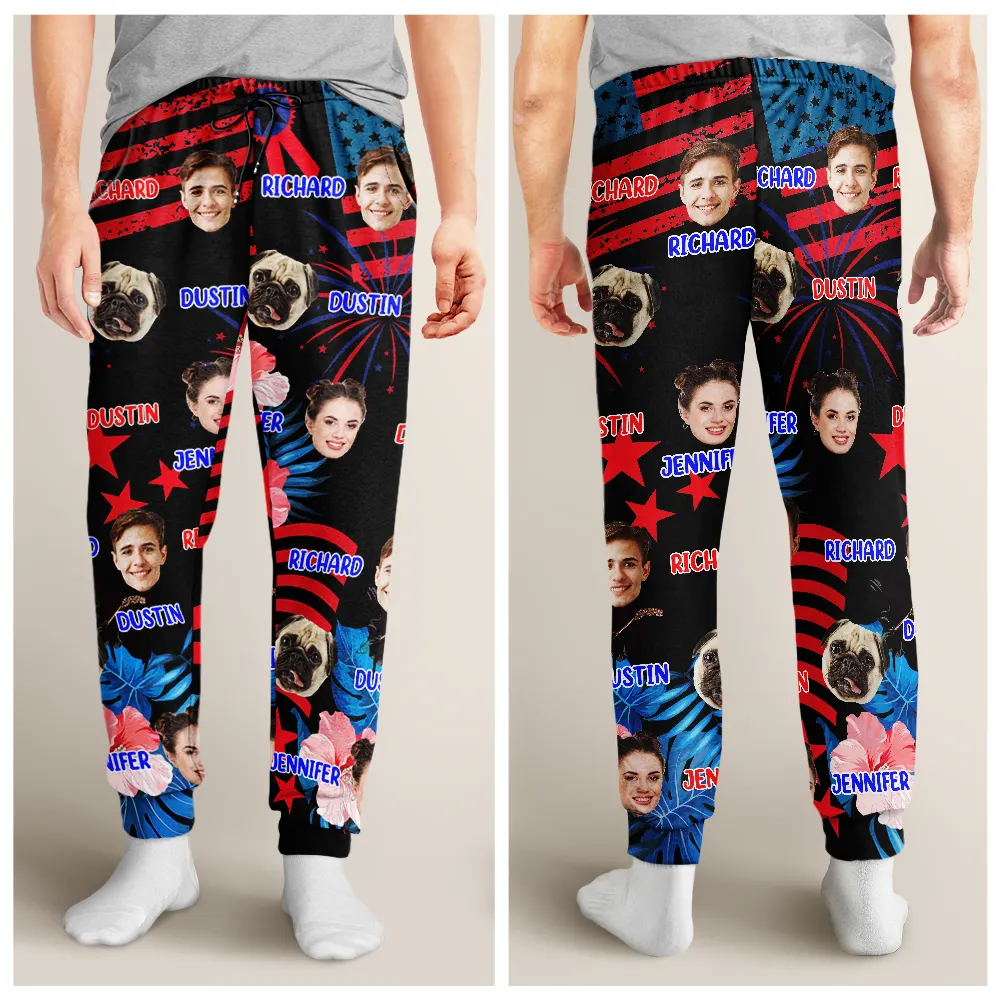Custom Photo Family Mom Dad Pet Face America Stars And Stripes - Personalized Pajama Pants - Image 5