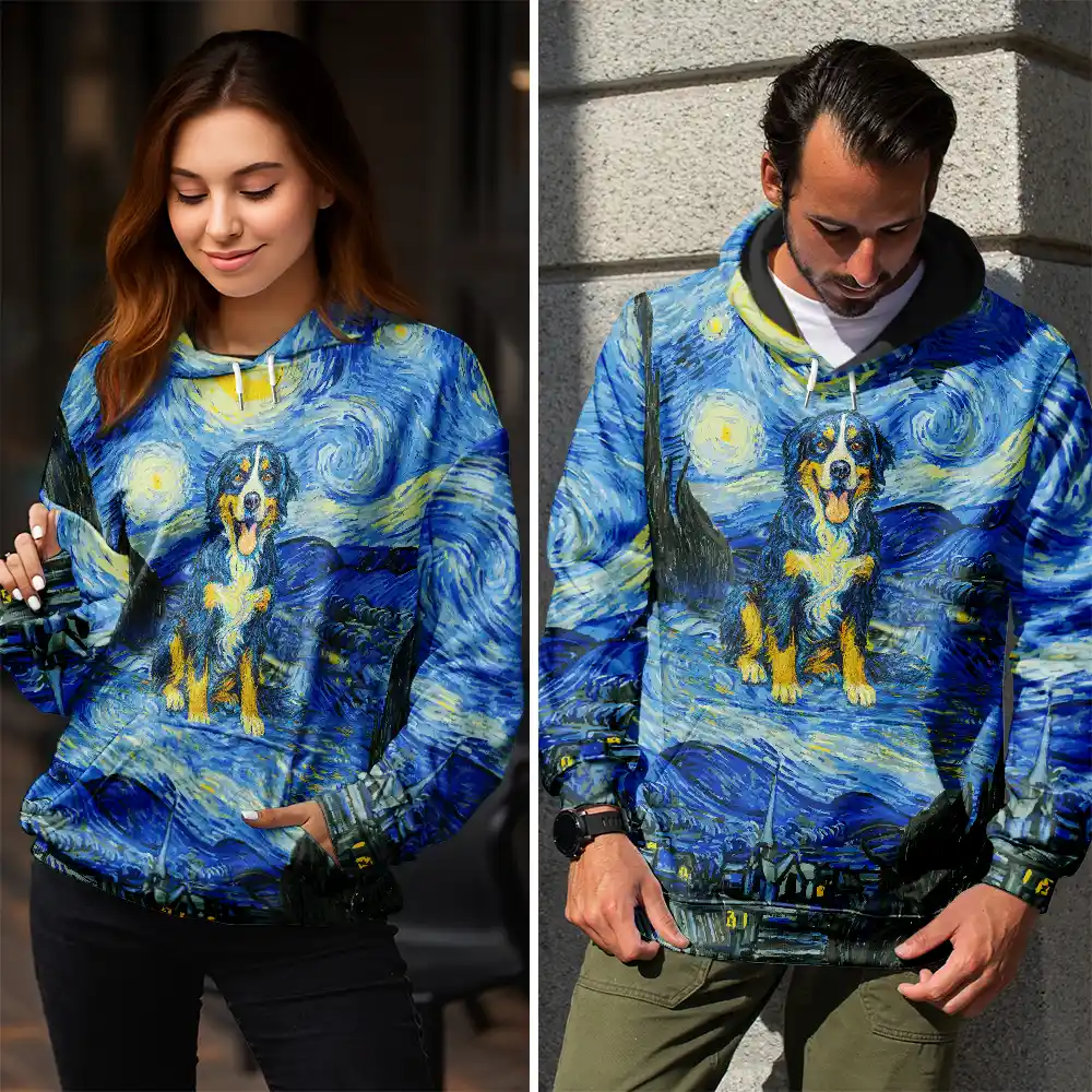 Custom Photo Family Pet Portrait Art Style Starry Night Painting Effect - Personalized Pullover Hoodie - Image 4