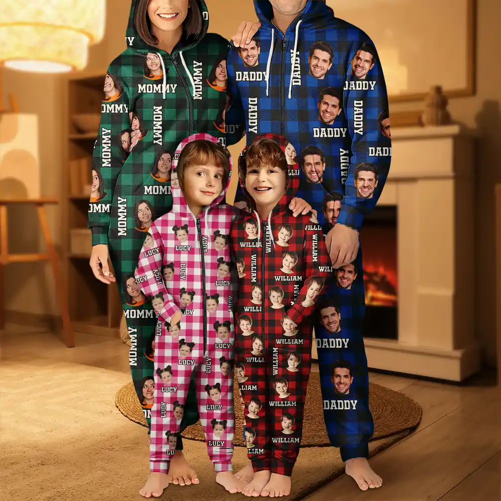Custom Photo Family Plaid Pattern - Personalized Overall Onesie Hooded Jumpsuit - Image 4