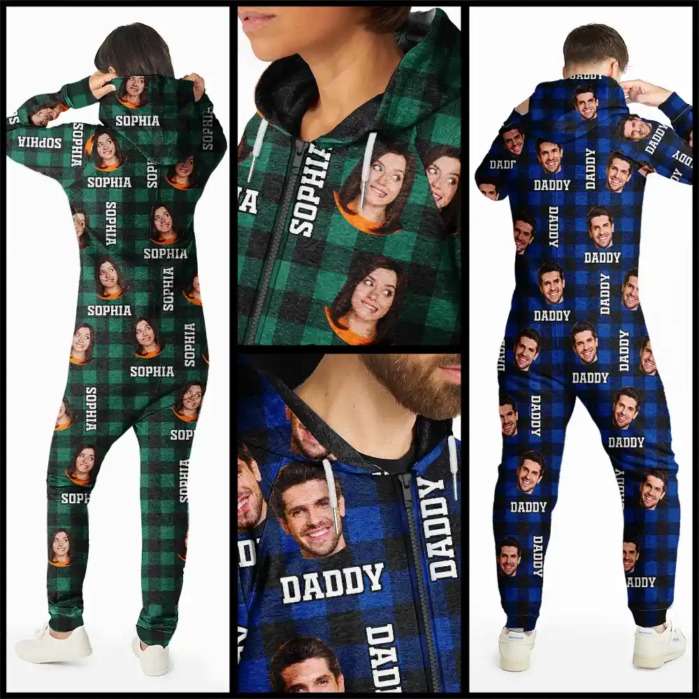 Custom Photo Family Plaid Pattern - Personalized Overall Onesie Hooded Jumpsuit - Image 5