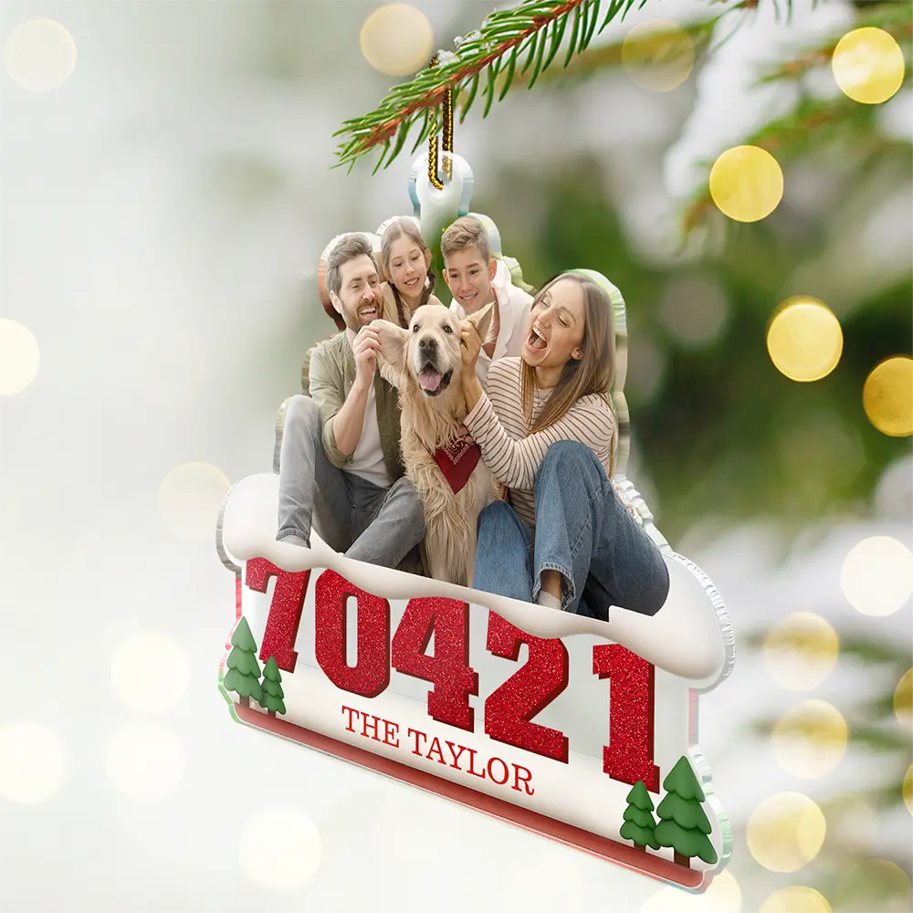 Custom Photo Family Sitting On Snow Zip Code - Personalized Custom Shaped Acrylic Ornament - Image 2