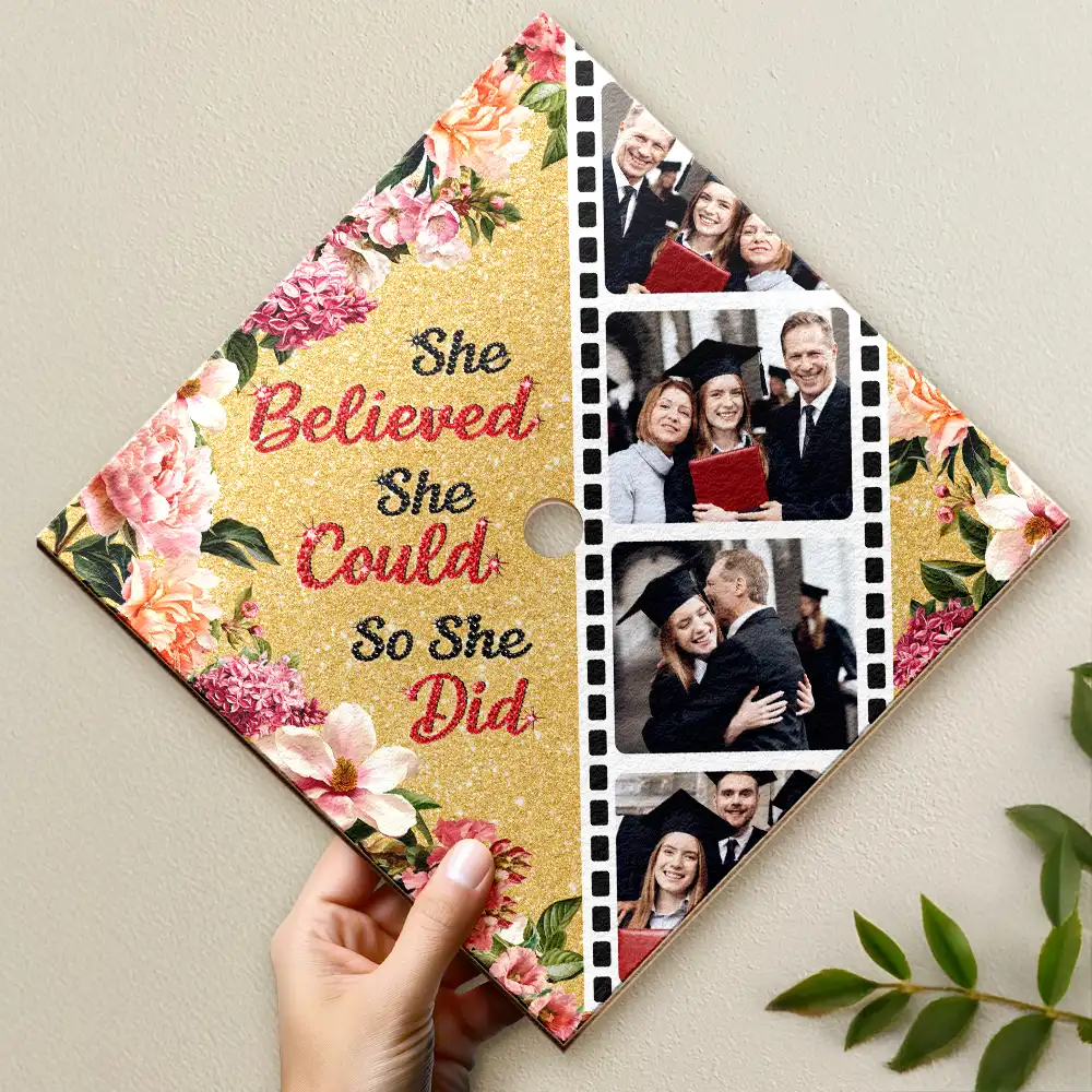 Custom Photo Faux Rhinestone She Believed She Could - Personalized Graduation Cap Topper - Image 2
