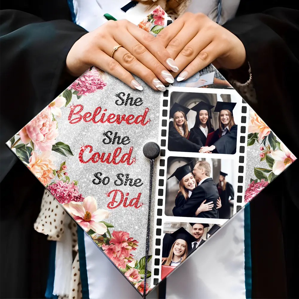 Custom Photo Faux Rhinestone She Believed She Could - Personalized Graduation Cap Topper - Image 4