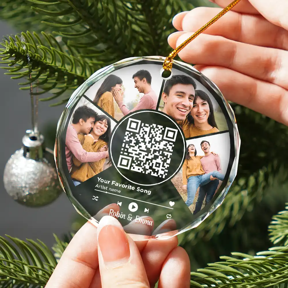 Custom Photo Favorite Song QR Code - Personalized Circle Glass Ornament - Image 3