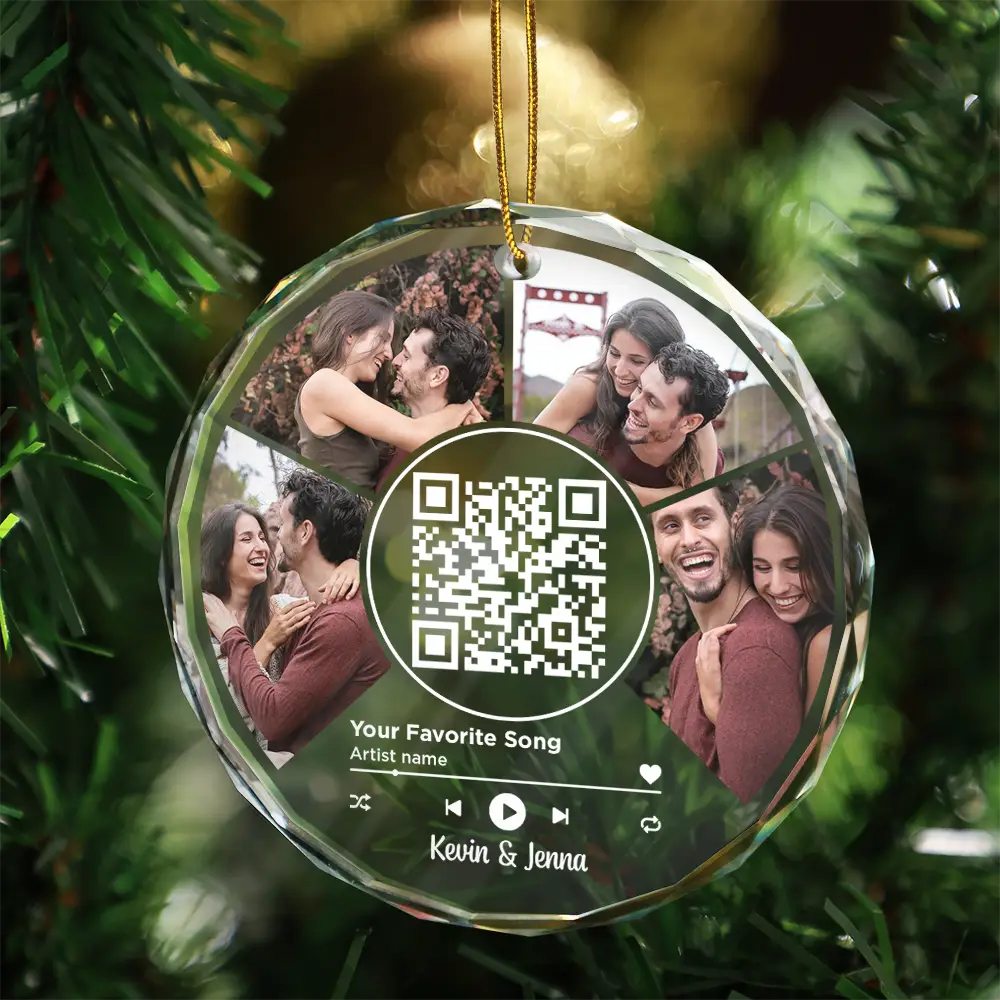 Custom Photo Favorite Song QR Code - Personalized Circle Glass Ornament - Image 4