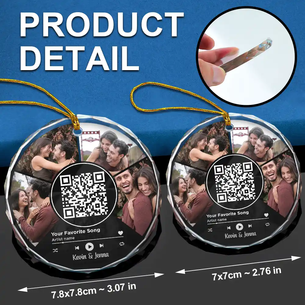 Custom Photo Favorite Song QR Code - Personalized Circle Glass Ornament - Image 7