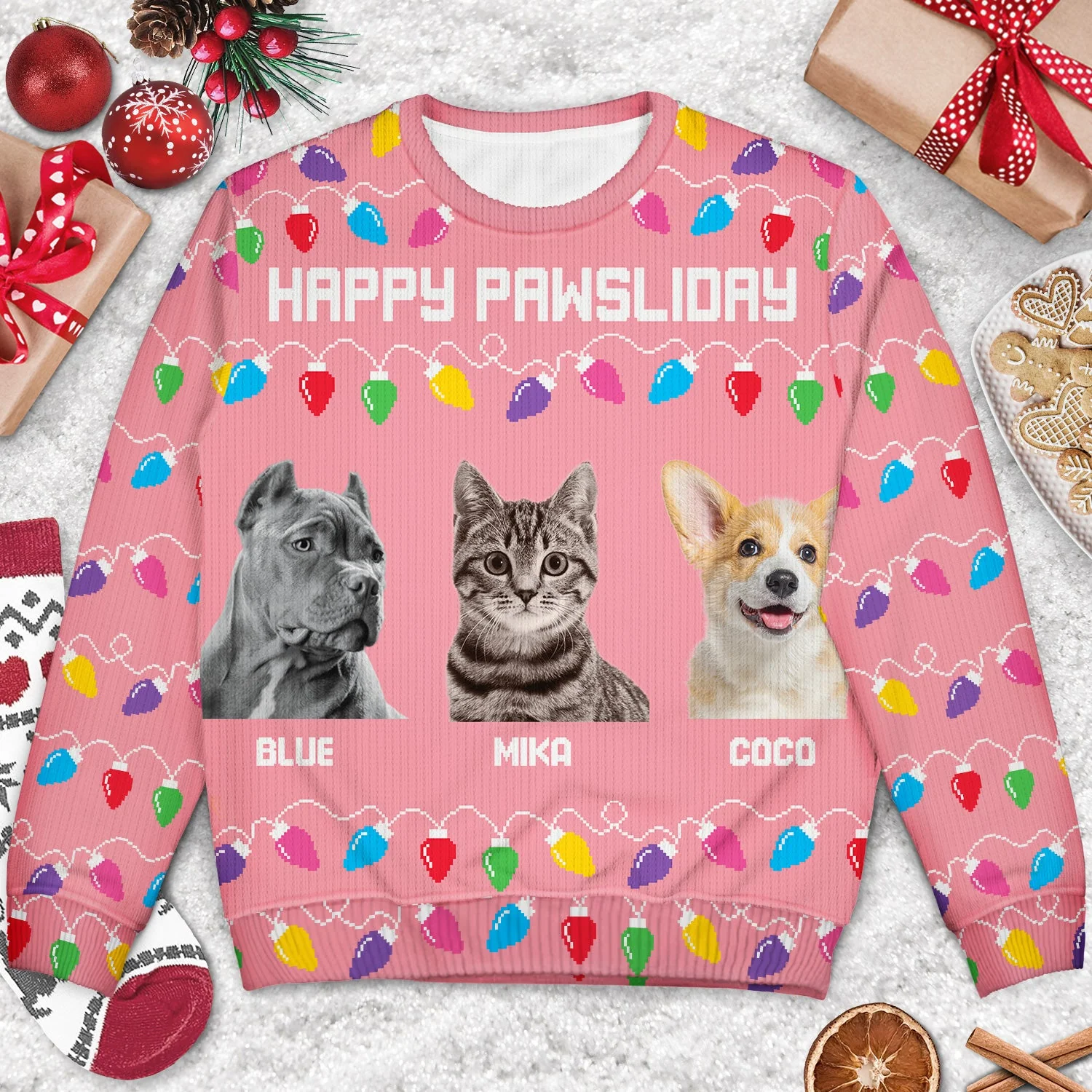 Custom Photo Feliz Navidog Lights - Christmas Gift For Dog Lovers, Cat Lovers - Personalized Unisex Ugly Sweater - Image 4