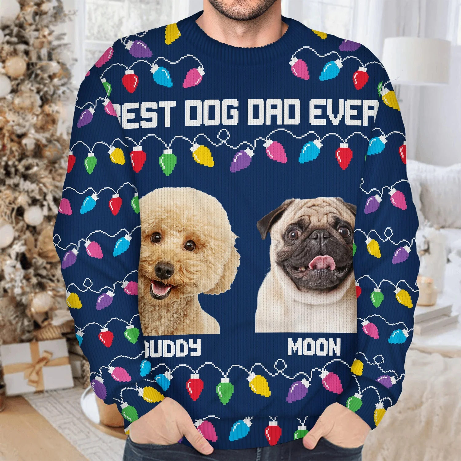 Custom Photo Feliz Navidog Lights - Christmas Gift For Dog Lovers, Cat Lovers - Personalized Unisex Ugly Sweater - Image 5