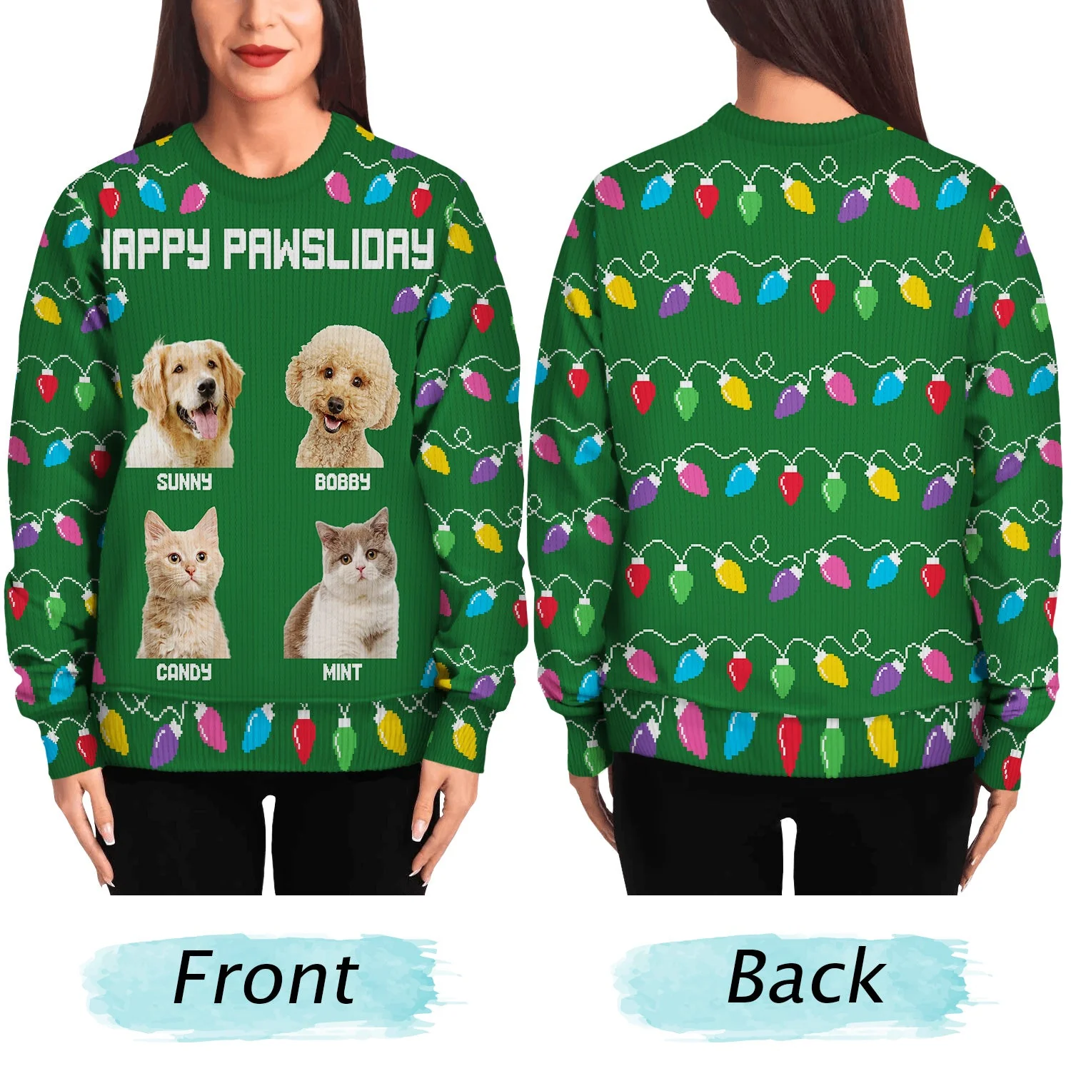 Custom Photo Feliz Navidog Lights - Christmas Gift For Dog Lovers, Cat Lovers - Personalized Unisex Ugly Sweater - Image 6