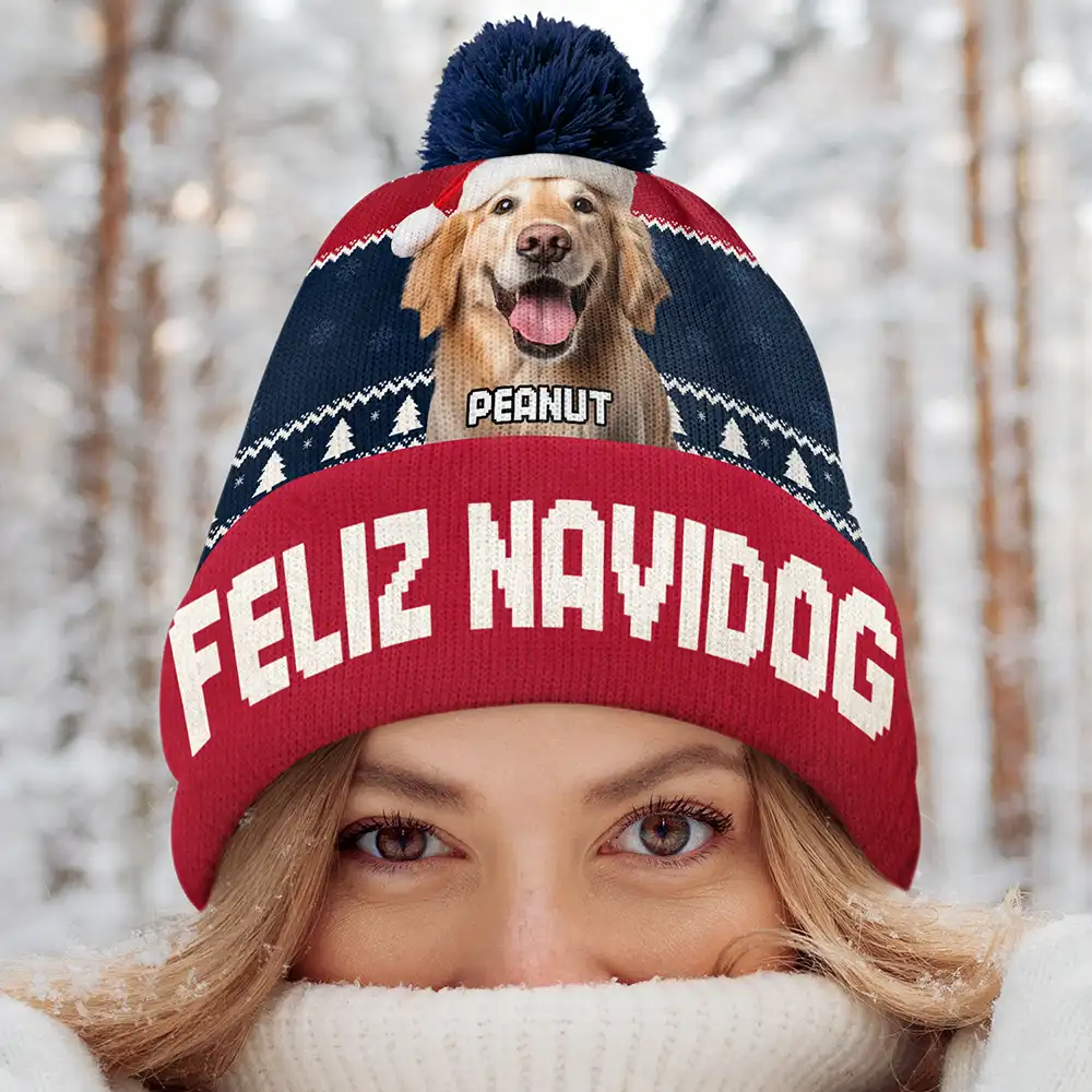 Custom Photo Feliz Navidog - Personalized Bobble Beanie Hat - Image 5