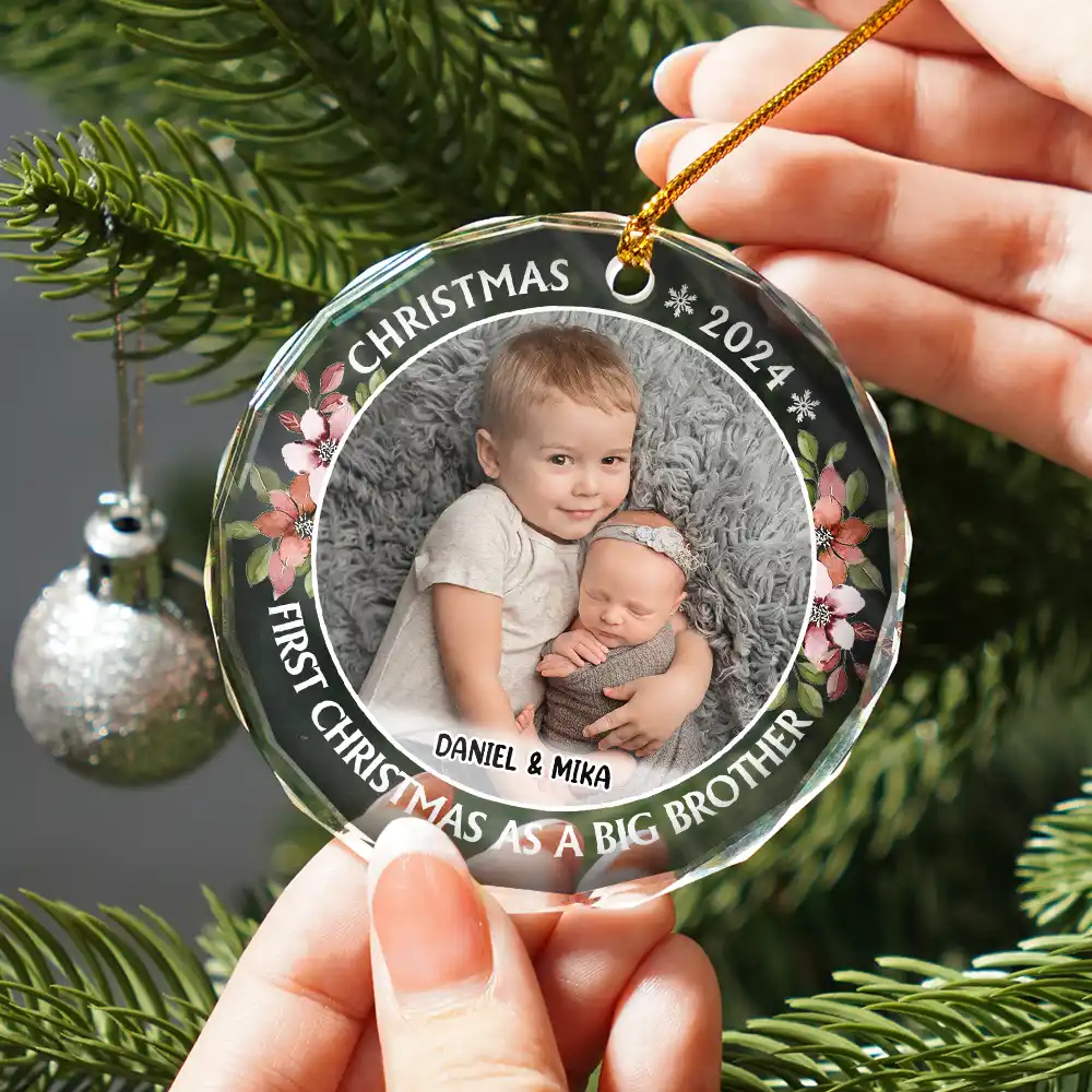 Custom Photo First Christmas As A Big Sister - Personalized Circle Glass Ornament - Image 2