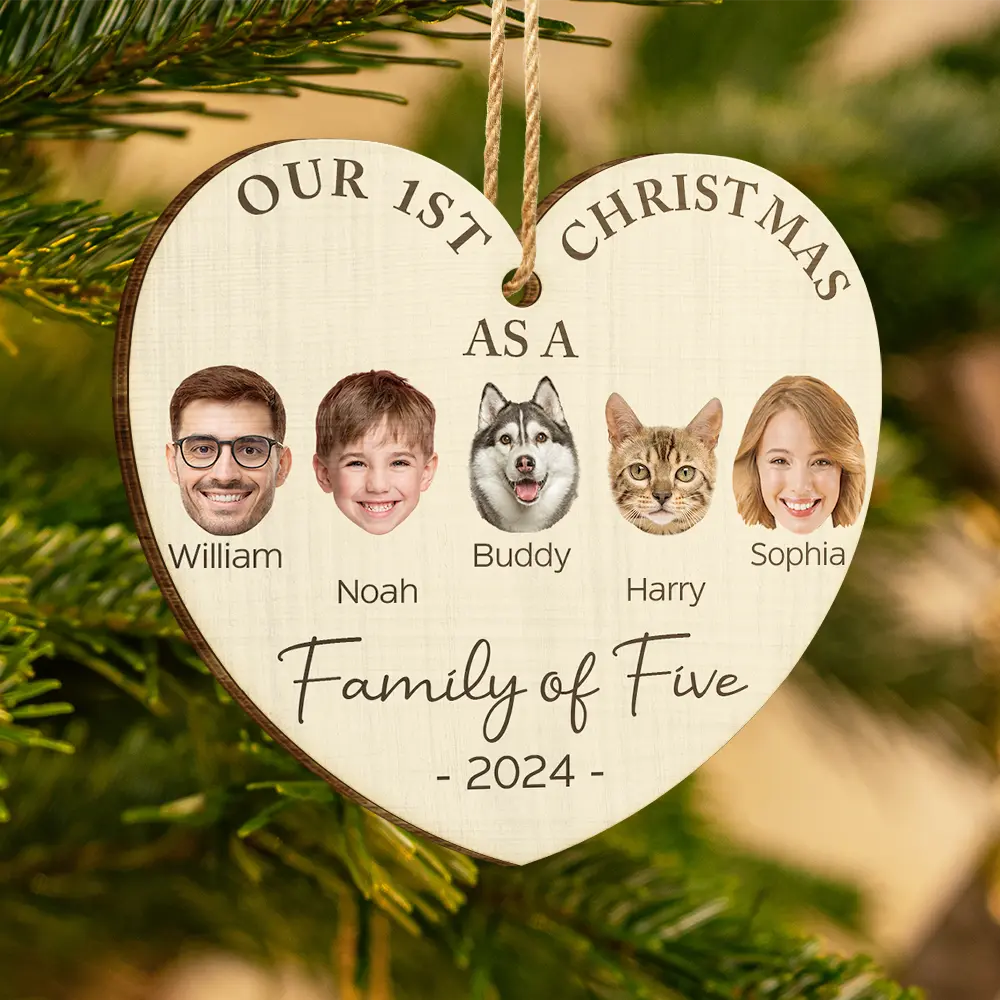 Custom Photo First Christmas As A Family Of Four - Personalized Custom Shaped Wooden Ornament - Image 4