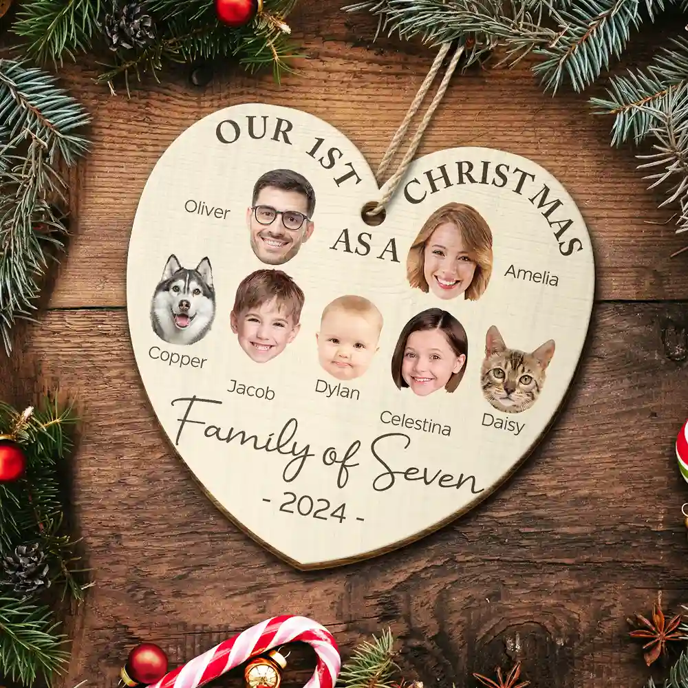 Custom Photo First Christmas As A Family Of Four - Personalized Custom Shaped Wooden Ornament - Image 6