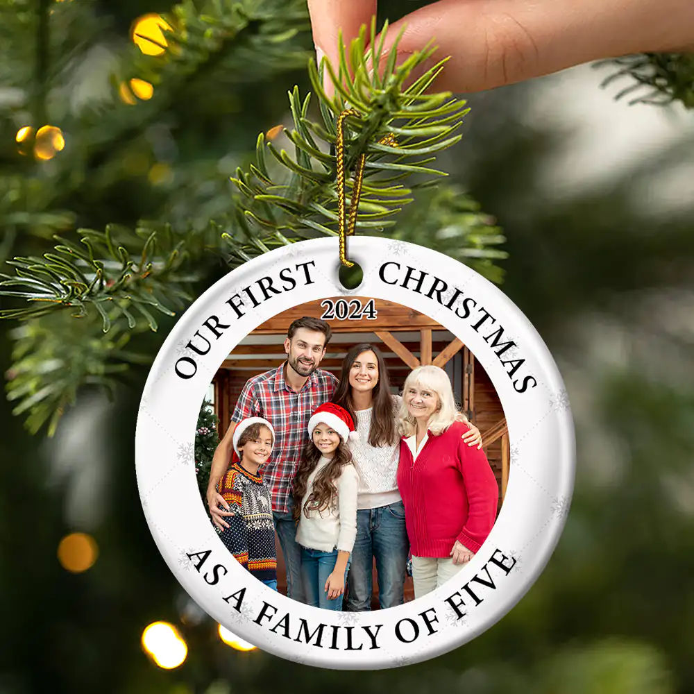 Custom Photo First Christmas As A Family Of Three New Parents - Personalized Circle Ceramic Ornament - Image 3