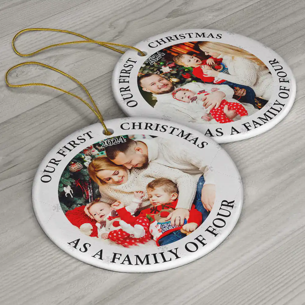Custom Photo First Christmas As A Family Of Three New Parents - Personalized Circle Ceramic Ornament - Image 6