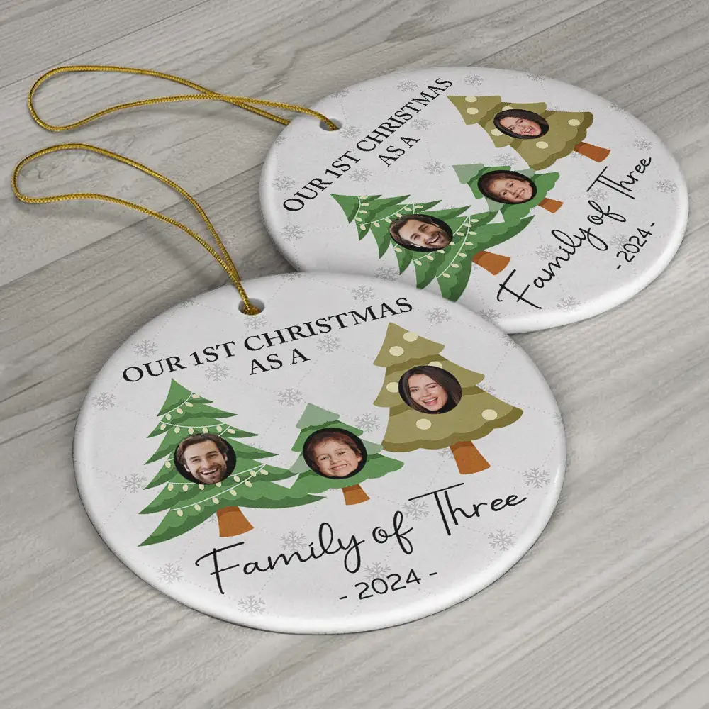 Custom Photo First Christmas As A Family Of Three - Personalized Circle Ceramic Ornament - Image 7