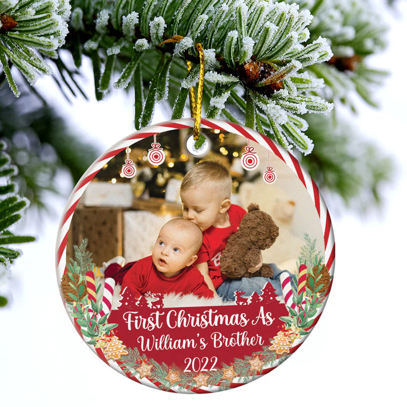 Custom Photo First Christmas As Grandpa Grandma - Christmas Gift For Family - Personalized Custom Circle Ceramic Ornament - Image 3