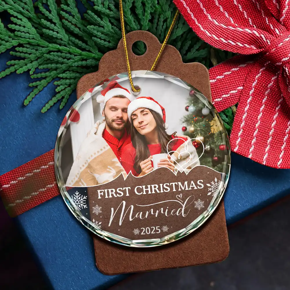Custom Photo First Christmas As Husband And Wife - Personalized Circle Glass Ornament - Image 5