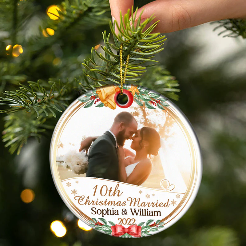 Custom Photo First Christmas As Mr & Mrs - Christmas Gift For Couple And Family - Personalized Custom Circle Ceramic Ornament - Image 2