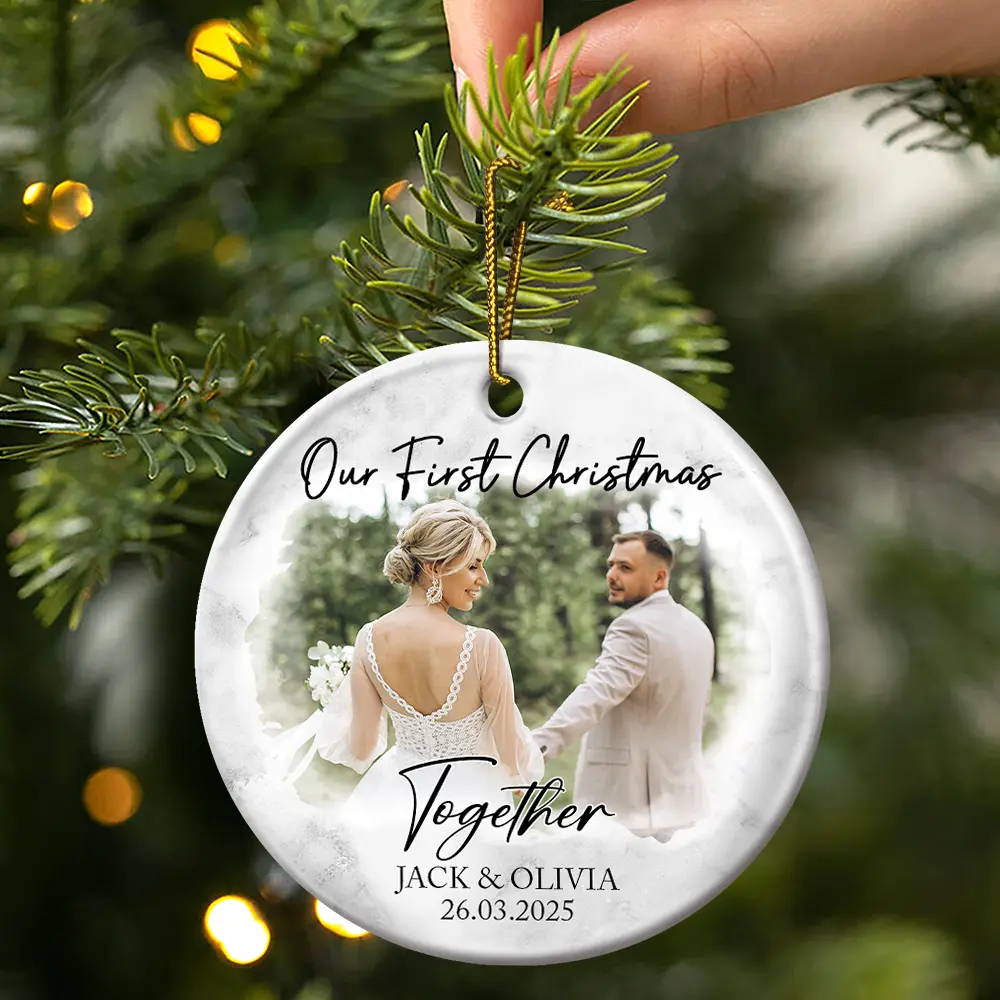 Custom Photo First Christmas As Mr & Mrs Couples - Personalized Circle Ceramic Ornament - Image 3