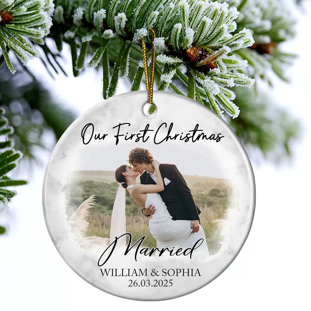 Custom Photo First Christmas As Mr & Mrs Couples - Personalized Circle Ceramic Ornament - Image 4