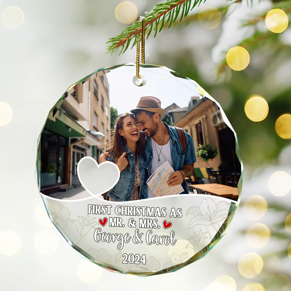 Custom Photo First Christmas As Mr & Mrs Couples - Personalized Circle Glass Ornament - Image 2