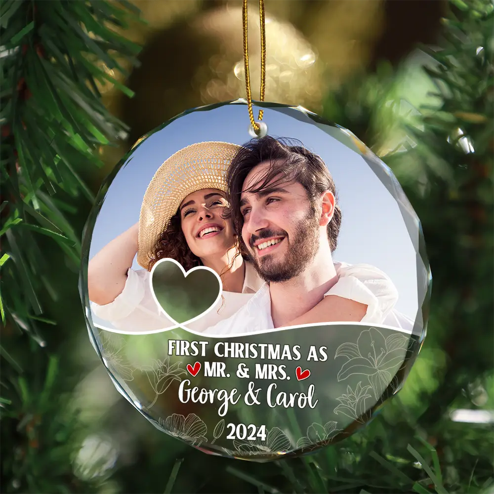 Custom Photo First Christmas As Mr & Mrs Couples - Personalized Circle Glass Ornament - Image 3