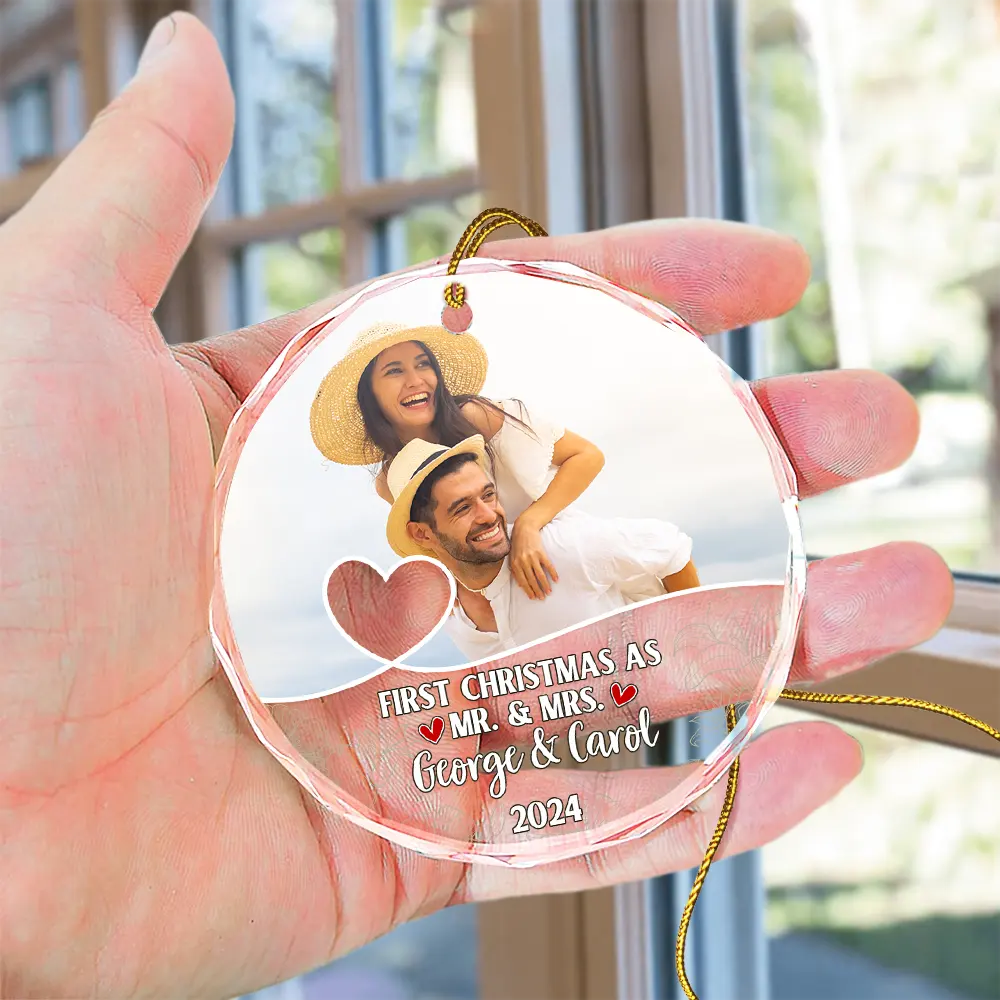 Custom Photo First Christmas As Mr & Mrs Couples - Personalized Circle Glass Ornament - Image 4