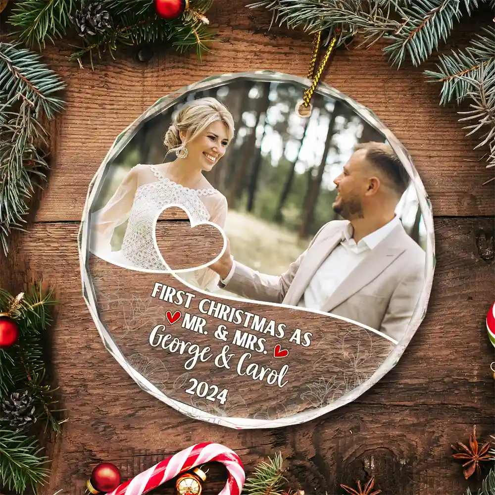 Custom Photo First Christmas As Mr & Mrs Couples - Personalized Circle Glass Ornament - Image 5