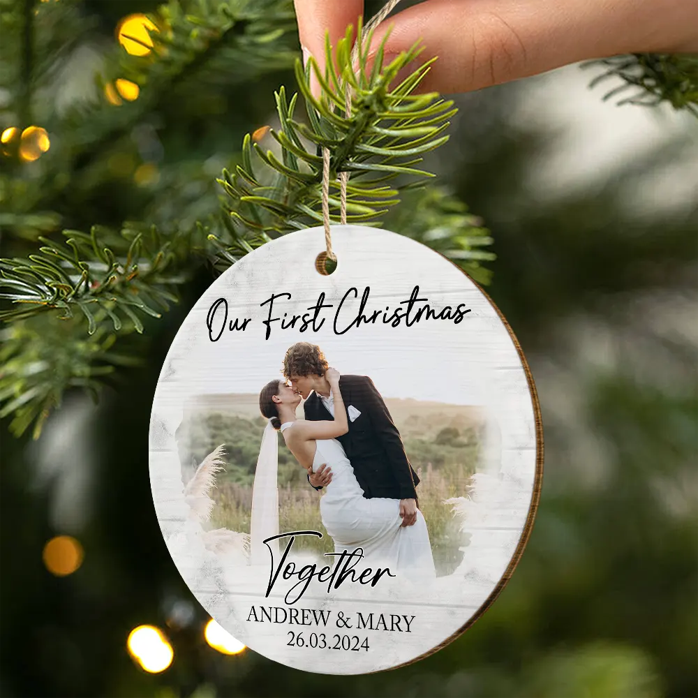 Custom Photo First Christmas As Mr & Mrs Couples - Personalized Custom Shaped Wooden Ornament - Image 2