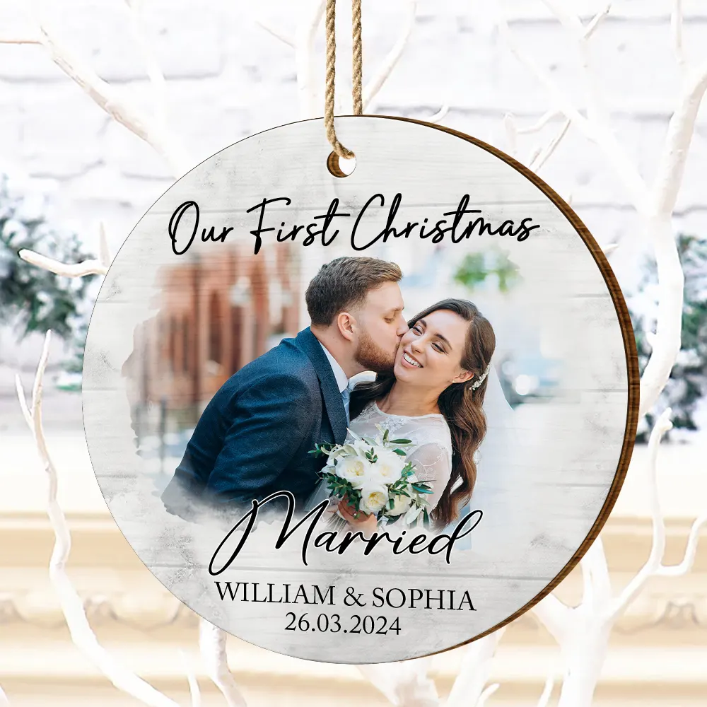 Custom Photo First Christmas As Mr & Mrs Couples - Personalized Custom Shaped Wooden Ornament - Image 4