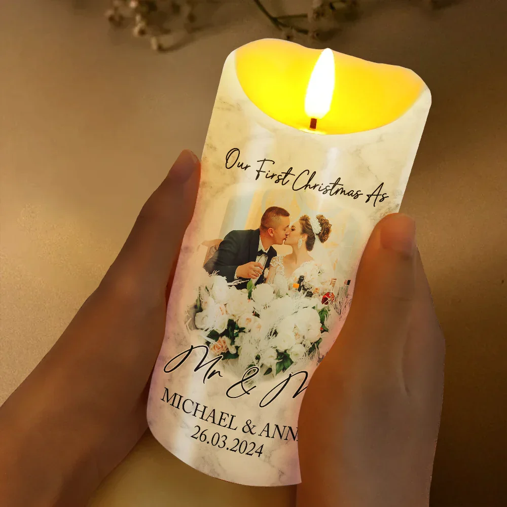 Custom Photo First Christmas As Mr & Mrs Couples - Personalized Flameless LED Candle - Image 3