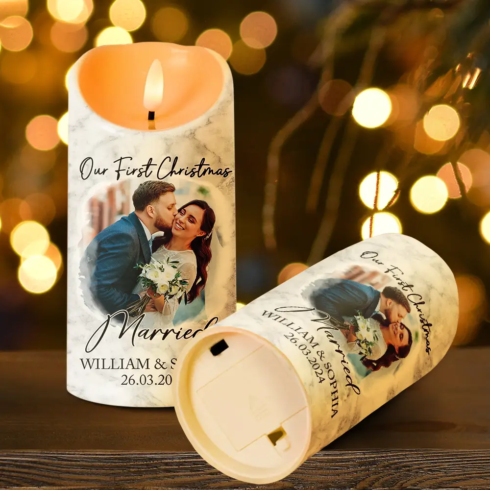 Custom Photo First Christmas As Mr & Mrs Couples - Personalized Flameless LED Candle - Image 4