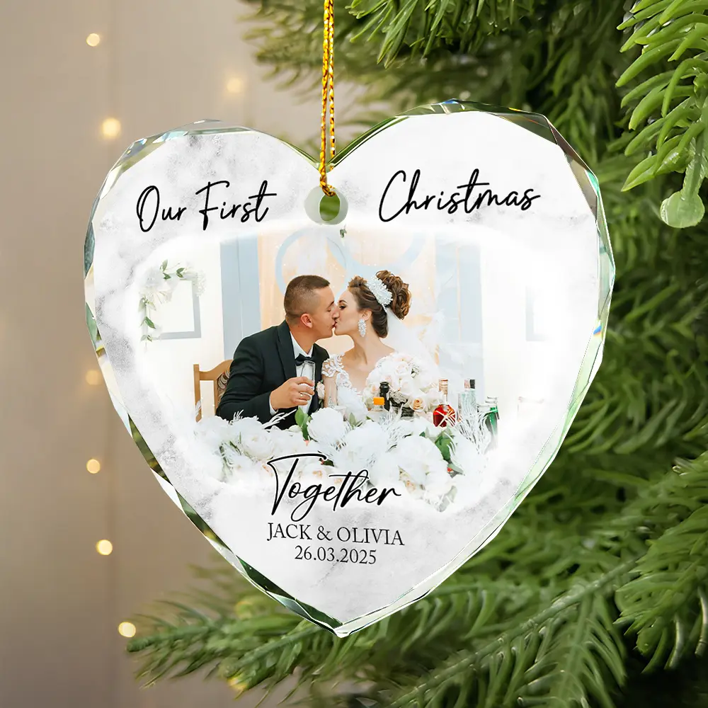 Custom Photo First Christmas As Mr & Mrs Couples - Personalized Glass Ornament - Image 4