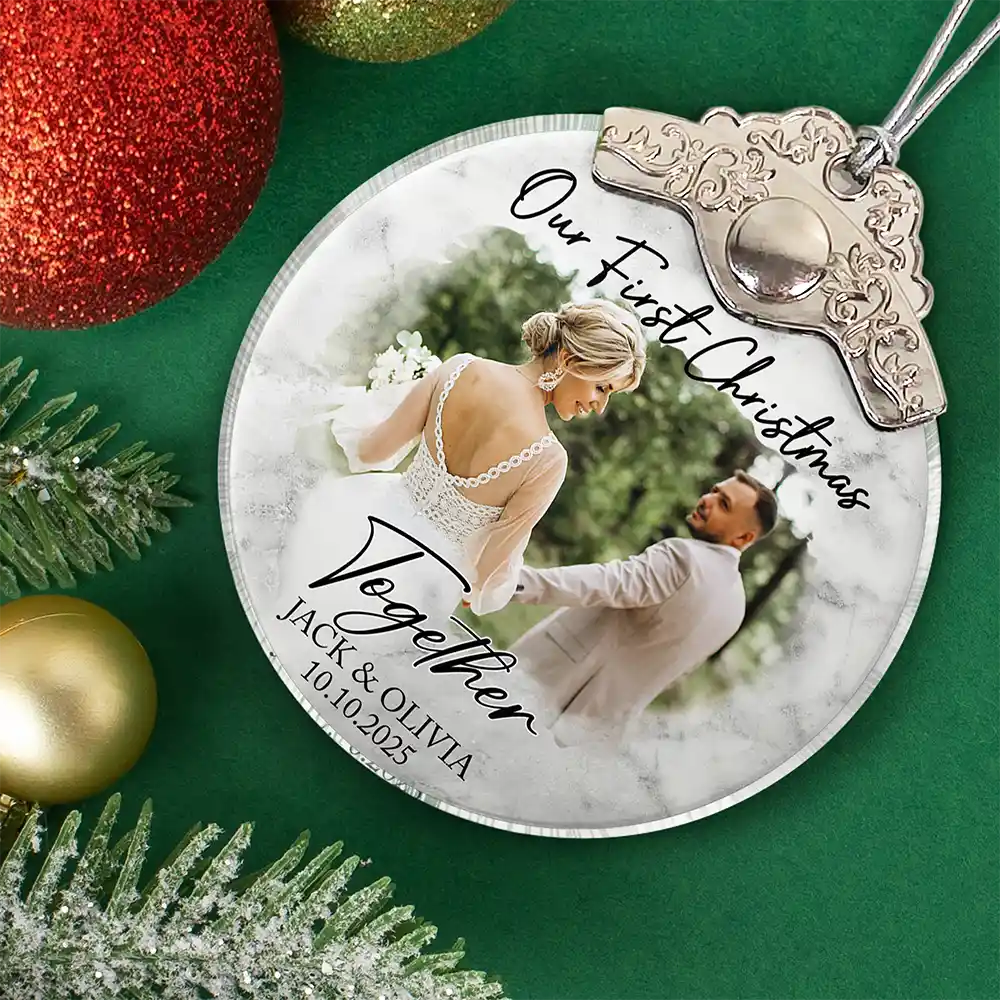 Custom Photo First Christmas As Mr & Mrs Couples - Personalized Glass Ornament With Silver Cap - Image 2