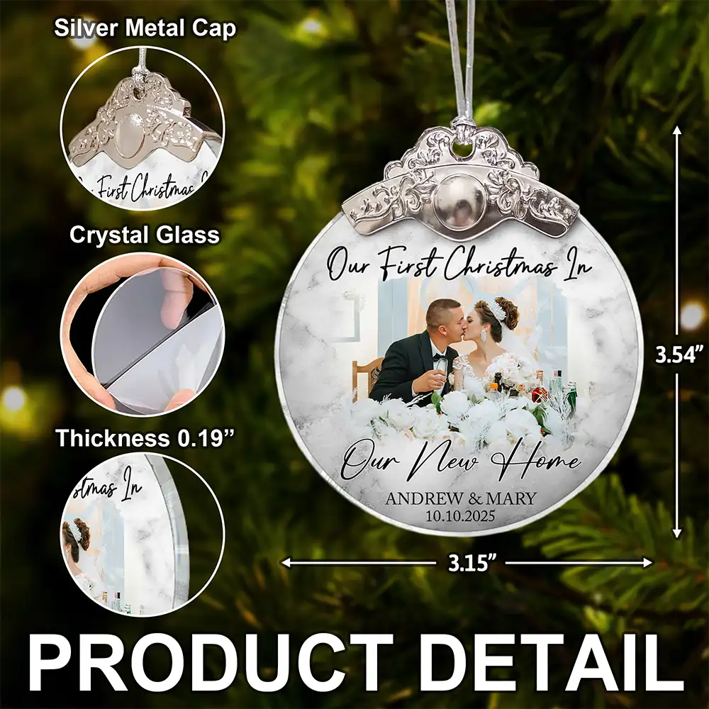 Custom Photo First Christmas As Mr & Mrs Couples - Personalized Glass Ornament With Silver Cap - Image 5