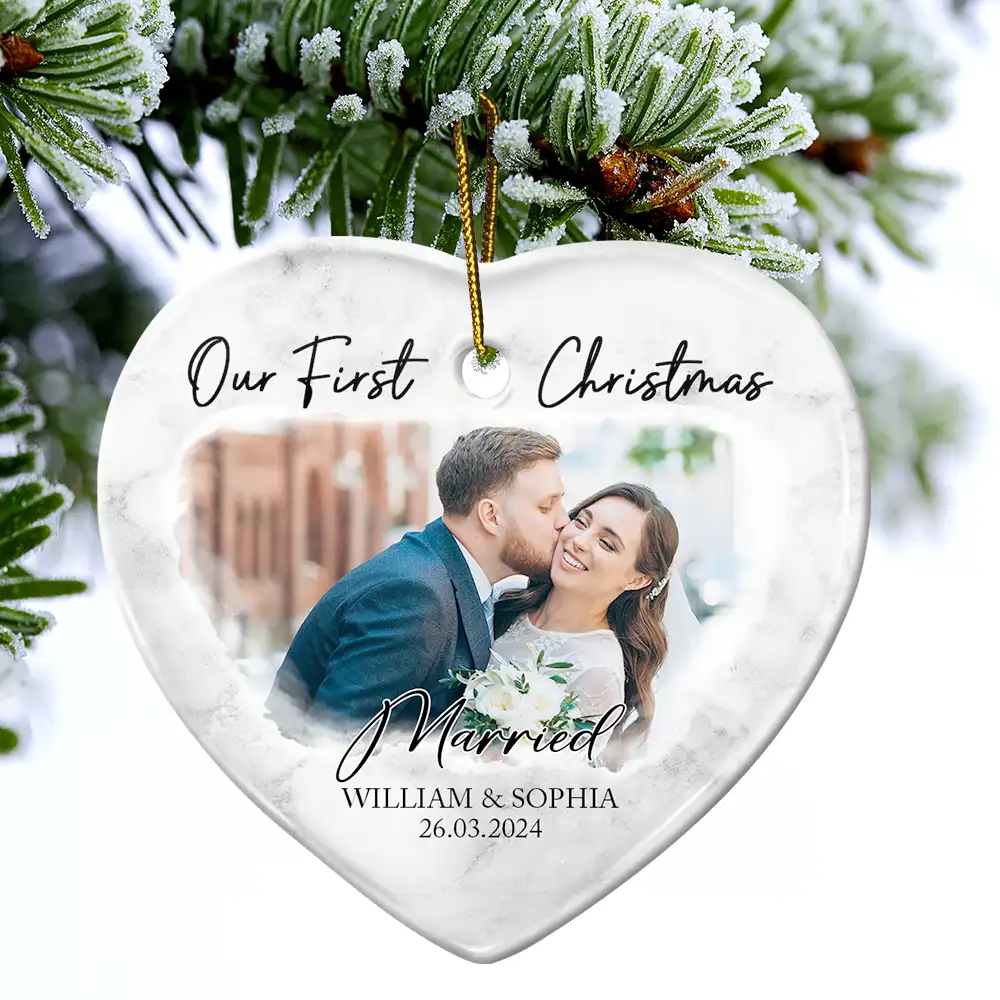 Custom Photo First Christmas As Mr & Mrs Couples - Personalized Heart Ceramic Ornament - Image 4