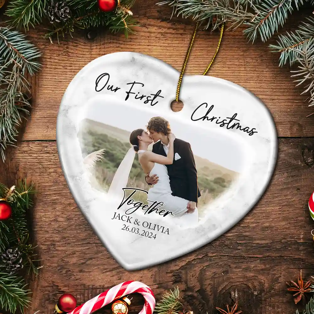 Custom Photo First Christmas As Mr & Mrs Couples - Personalized Heart Ceramic Ornament - Image 5