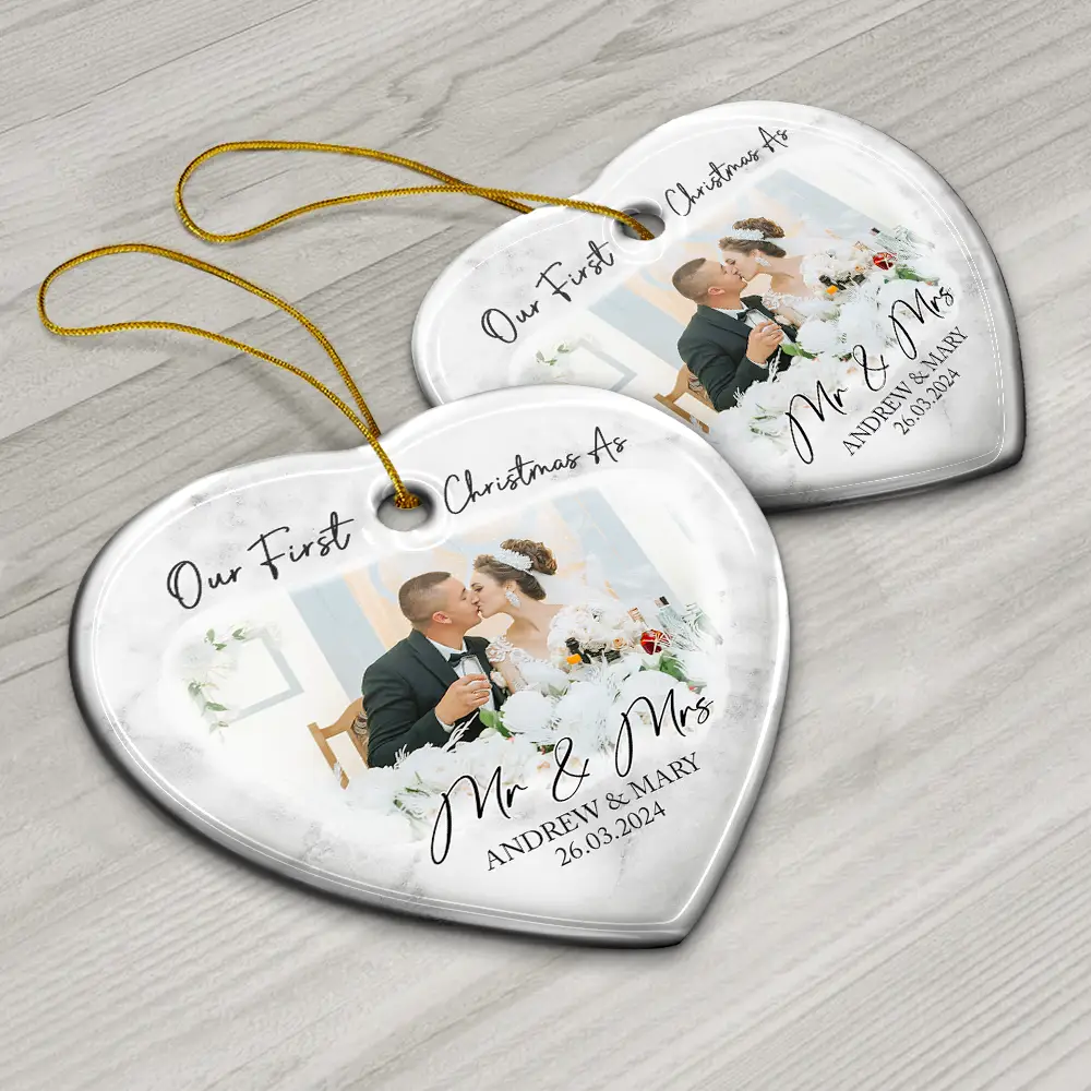 Custom Photo First Christmas As Mr & Mrs Couples - Personalized Heart Ceramic Ornament - Image 6