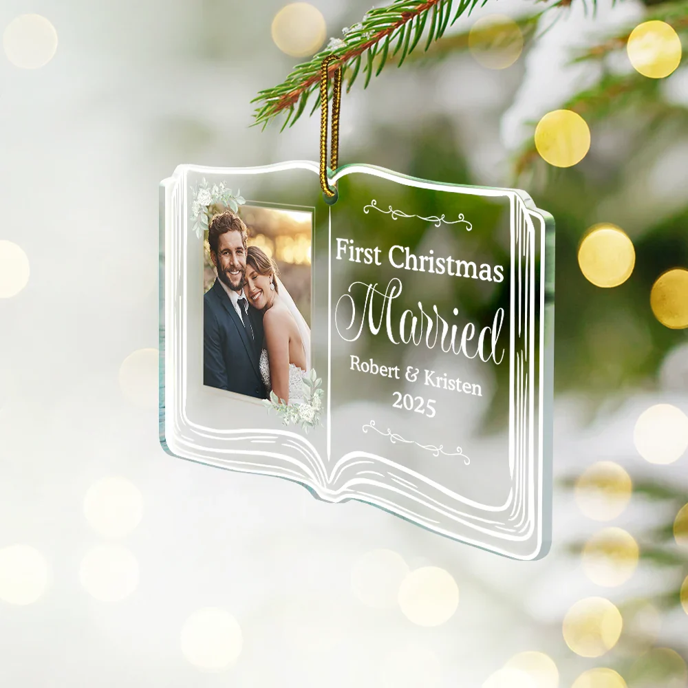 Custom Photo First Christmas As Mr. & Mrs. Memory Book - Personalized Custom Shaped Acrylic Ornament - Image 2