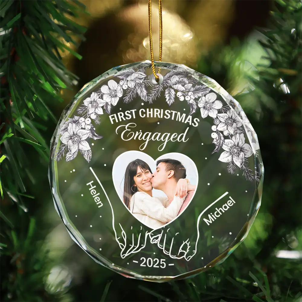 Custom Photo First Christmas As Mr & Mrs - Personalized Circle Glass Ornament - Image 3