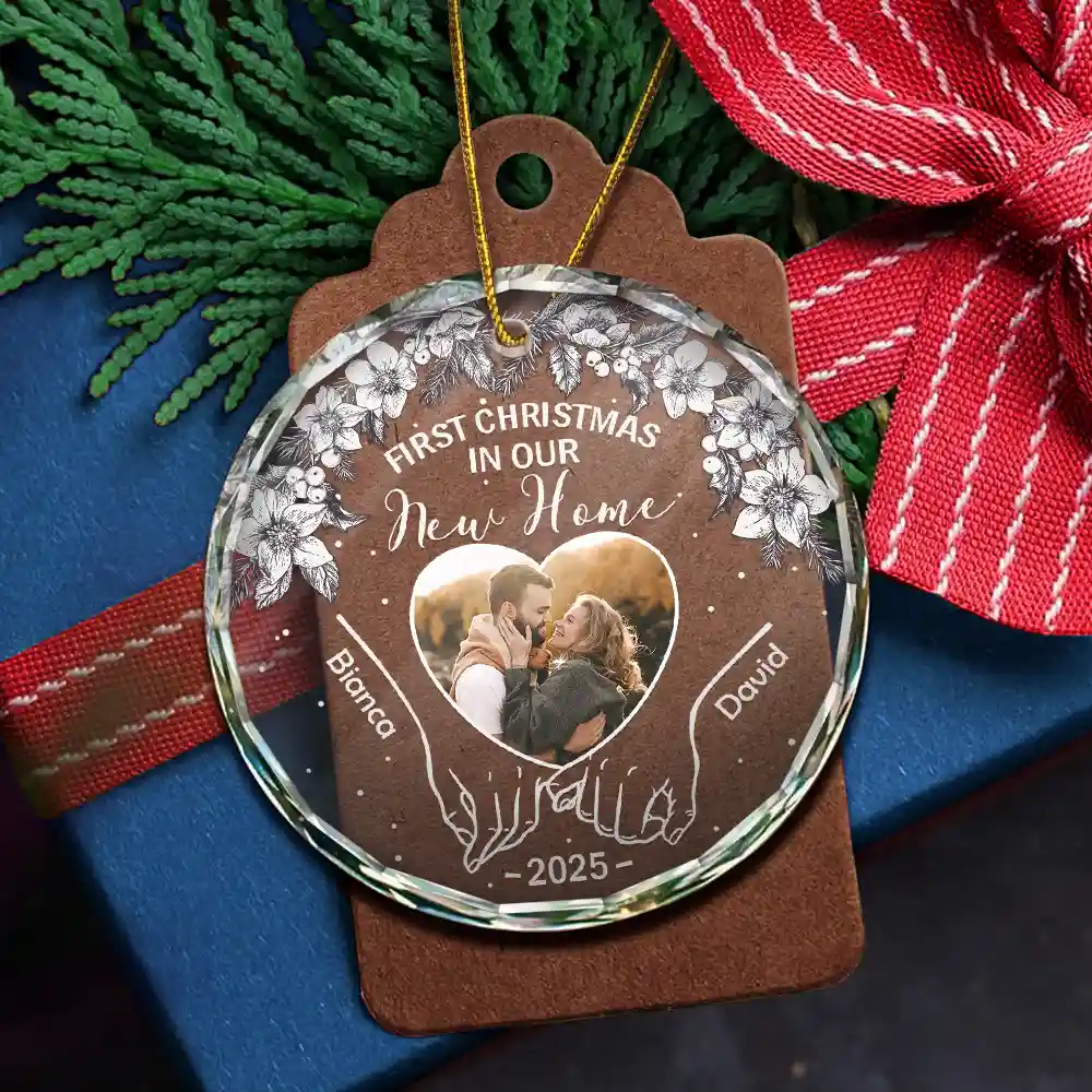 Custom Photo First Christmas As Mr & Mrs - Personalized Circle Glass Ornament - Image 5