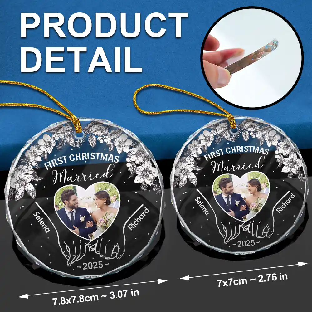Custom Photo First Christmas As Mr & Mrs - Personalized Circle Glass Ornament - Image 6