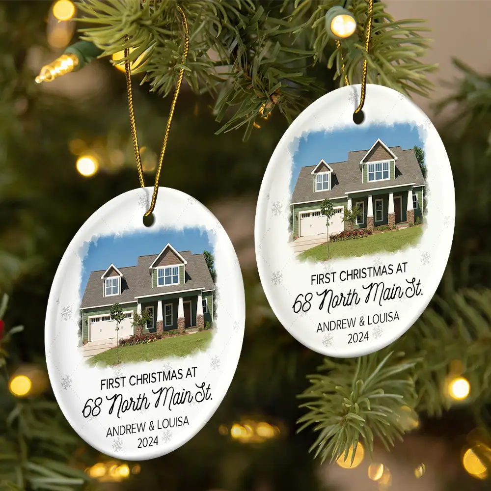 Custom Photo First Christmas At New Home Couple Family - Personalized Circle Ceramic Ornament - Image 2