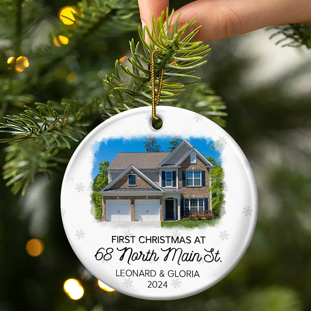 Custom Photo First Christmas At New Home Couple Family - Personalized Circle Ceramic Ornament - Image 3