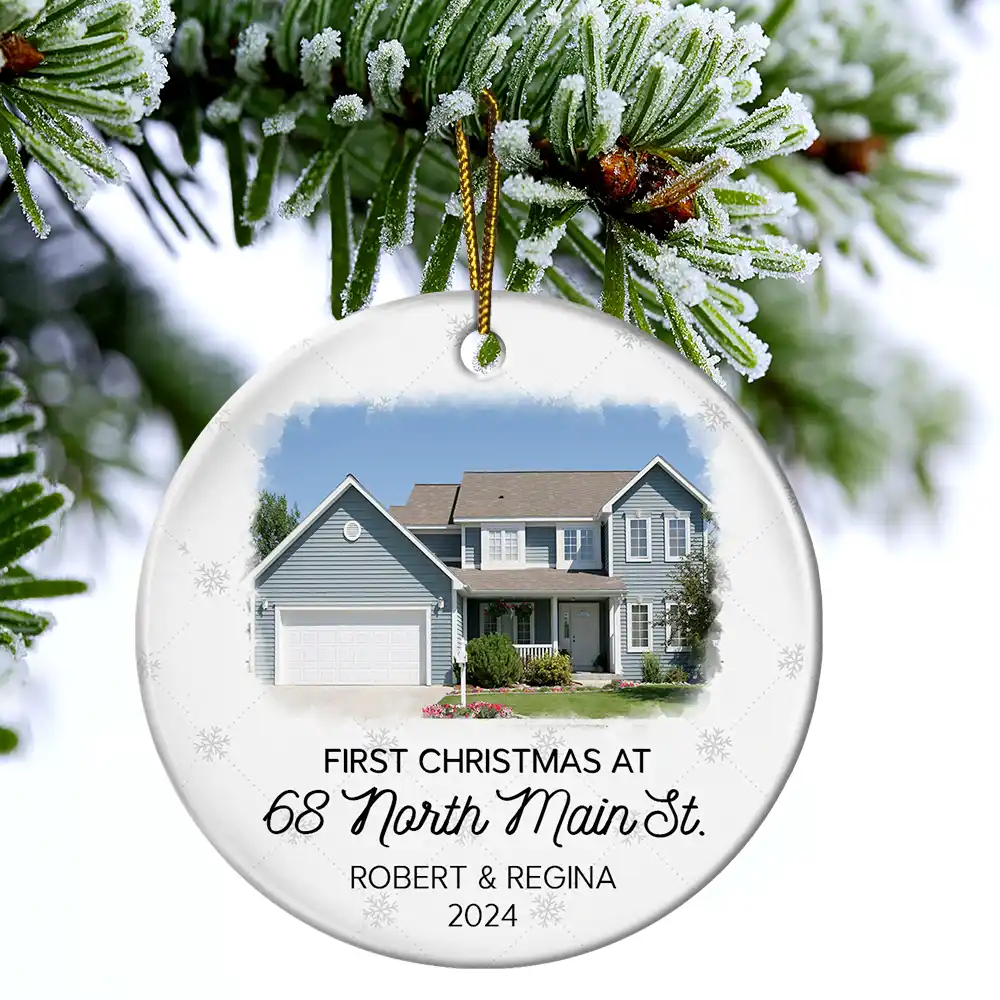 Custom Photo First Christmas At New Home Couple Family - Personalized Circle Ceramic Ornament - Image 4
