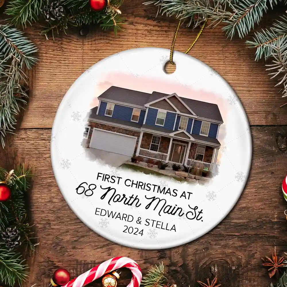 Custom Photo First Christmas At New Home Couple Family - Personalized Circle Ceramic Ornament - Image 5