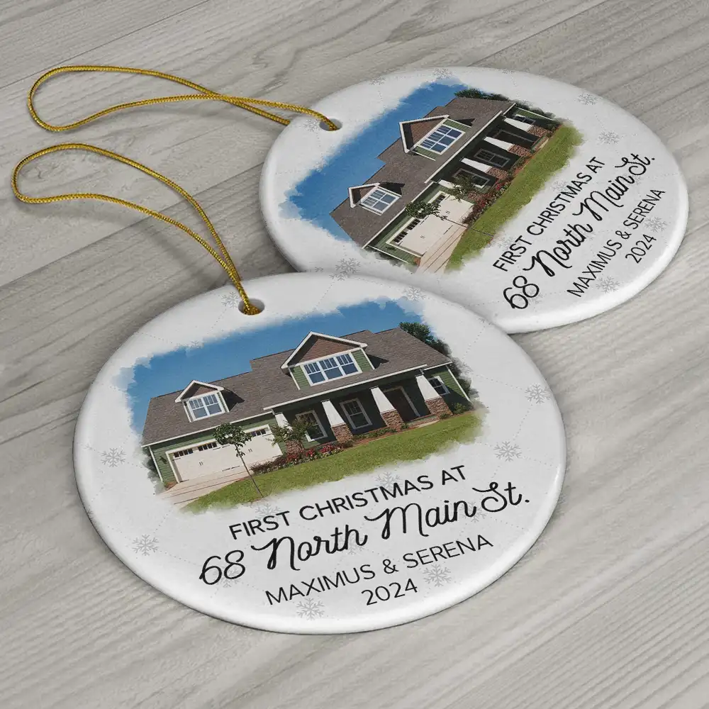 Custom Photo First Christmas At New Home Couple Family - Personalized Circle Ceramic Ornament - Image 6
