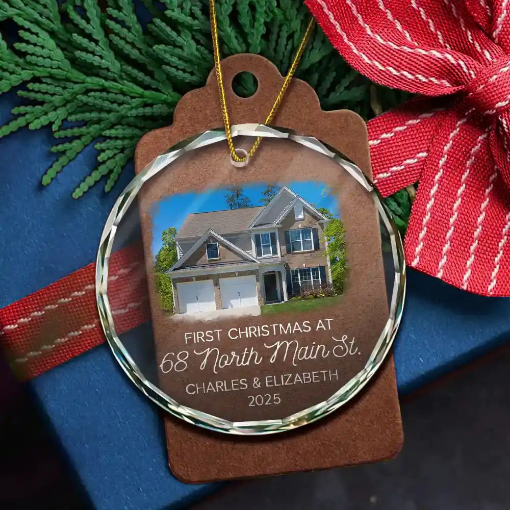 Custom Photo First Christmas At New Home Couple Family - Personalized Circle Glass Ornament - Image 5